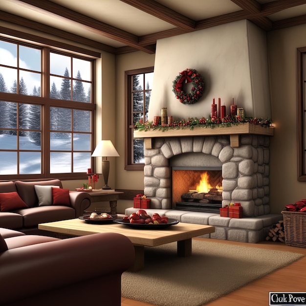 3 d rendering of a cozy christmas room with christmas decorations and snow3 3 rendered illustration