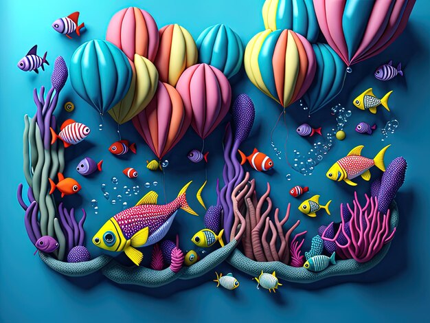 3 d rendering of a cute colorful fish in a blue background