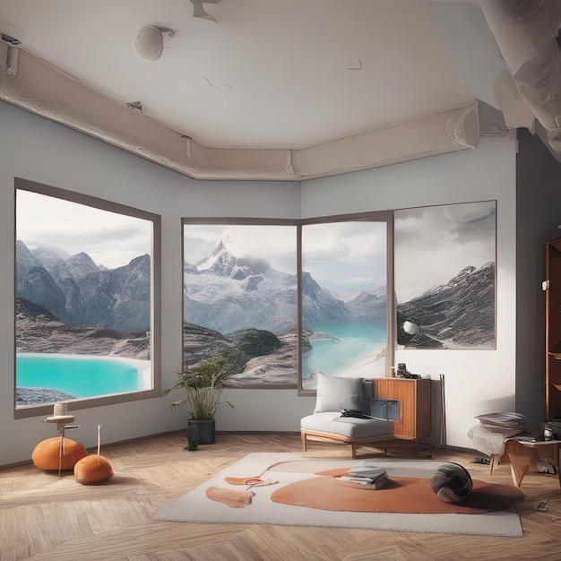 3 d rendering of modern bedroom with a windowempty living room with wooden floor mountain view win