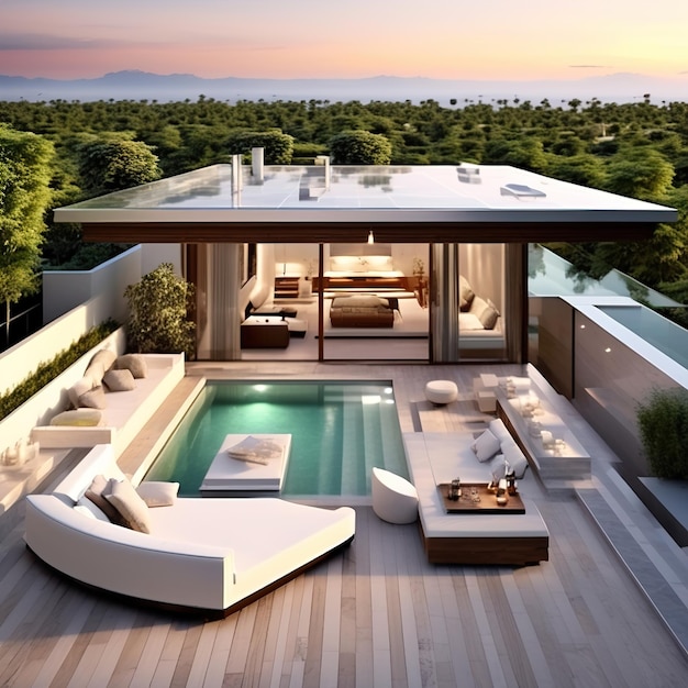 3 d rendering of a modern living house with a pool in the night view