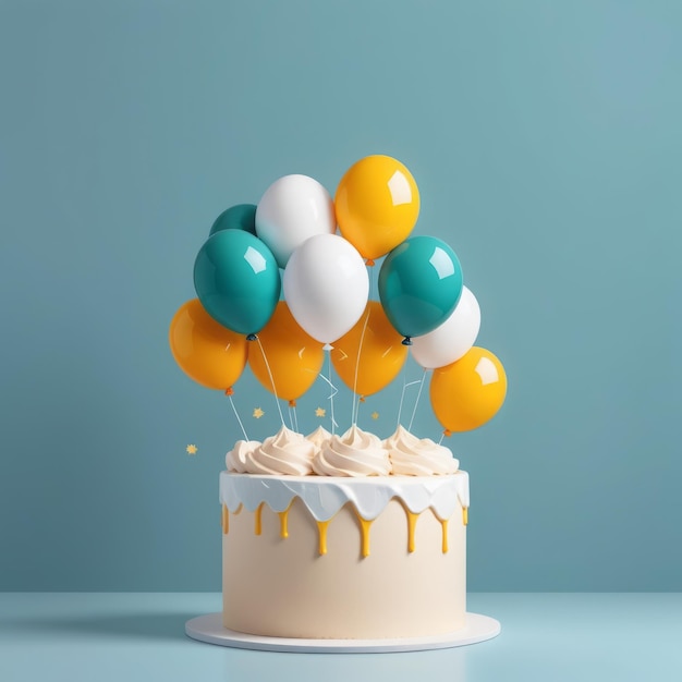 3 d rendering of white birthday cake with balloons and golden candle on a pastel blue background3 d