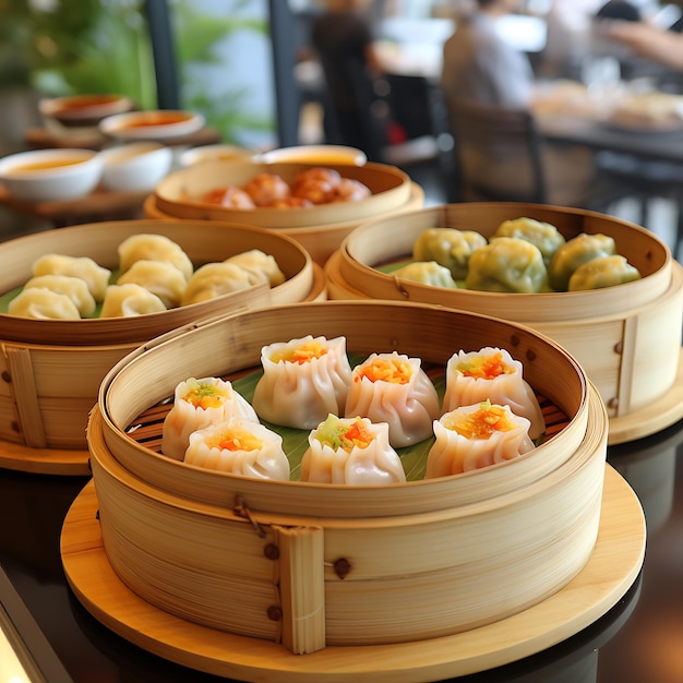 3 different flavors and shapes of dim sum in bamboo dimsum place