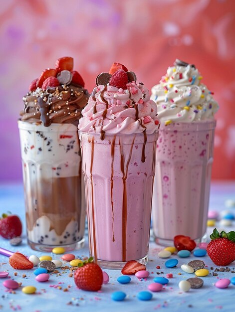 3 different milkshakes with ice cream and m woods strawberry chocolate and vanilla