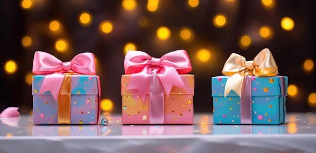 3つの異なるピンクの黄色と青い箱のクリスマス