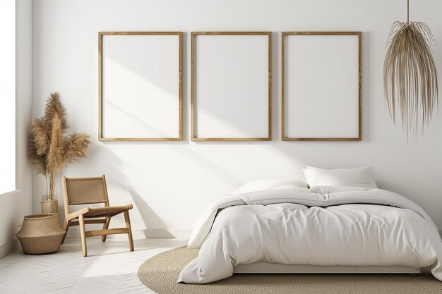 3 empty frames wall art in bedroom mock up