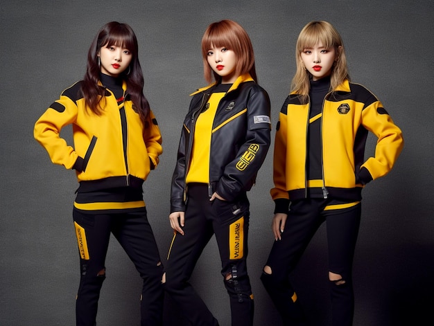3 Fashion models star with black and orange suit on black background Ai generated