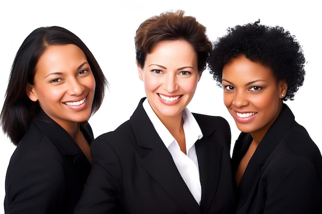 3 female workers in formal black blazers smiling on Labor Day studio shot on white background