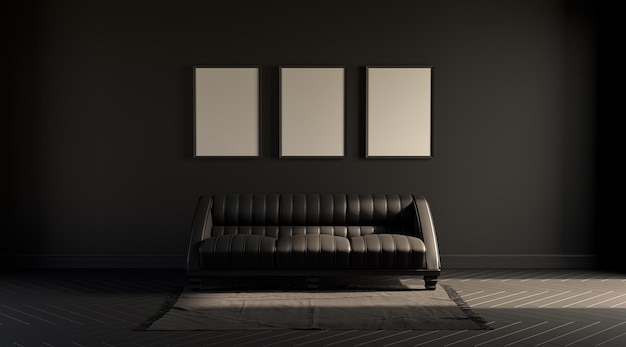 3 frames in a dark room with a single sofa on a carpet