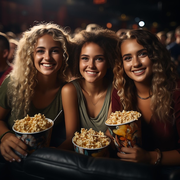 3 girlfriends sitting together in cinema eating popcorn and nachos photorealistic photographed