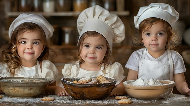 3 Девочки в шляпах шеф-повара с мисками с едой