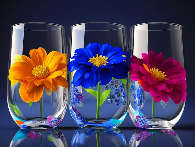 Photo 3 glasses of water with flowers of different colors inside 3d image downloade