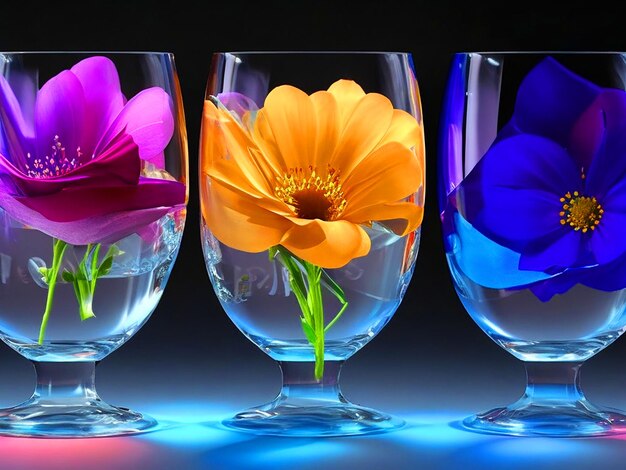 3 glasses of water with flowers of different colors inside 3d image downloade