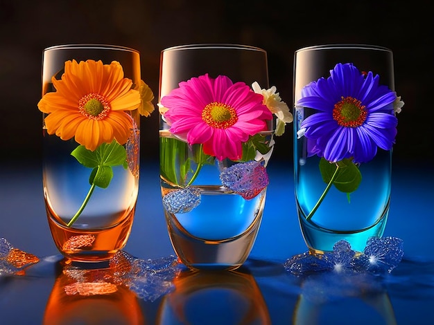 3 glasses of water with flowers of different colors inside 3d image downloade