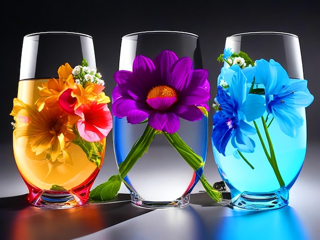 3色の花が入った水のグラス 3d画像ダウンロード