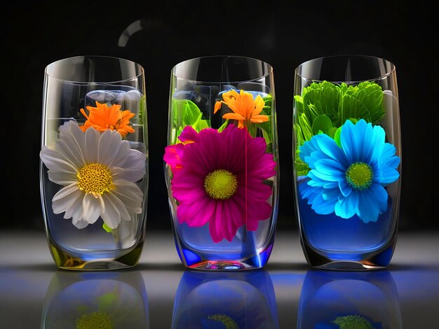 3 glasses of water with flowers of different colors inside 3d image downloade