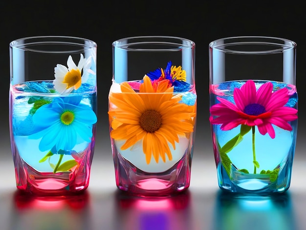 3色の花が入った水のグラス 3d画像ダウンロード