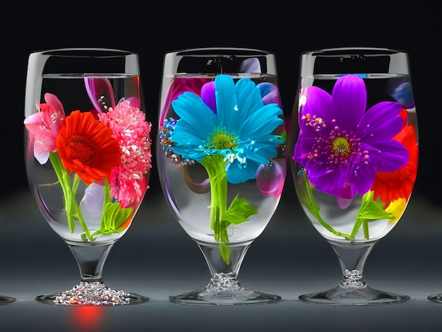 3 glazen water met bloemen van verschillende kleuren binnen 3d-beeld downloaden