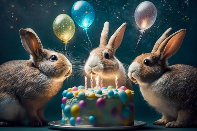 3 grappige konijntjes die kaarsjes uitblazen op een verjaardagstaart Generatieve AI