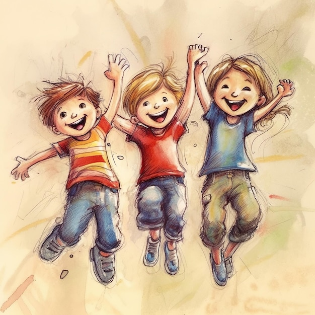 3 happy kids jumping in the air