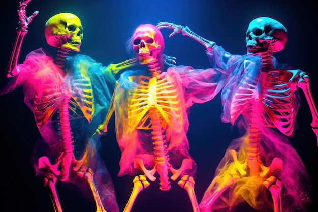 3 Human Skeleton dancers dance in neon colors at a show performance Modern break dancing performed by fashionable and stylish skeletons