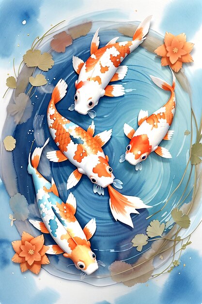 3 Koi swimming in a circle Dreamy watercolor style light blue water AI_Generated