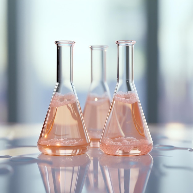 Photo 3 lab glass flasks with cell culture on the table in a laboratory cellular agriculture concept