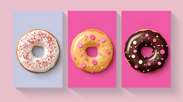 3 шаблона макета для мобильных приложений для социальных сетей или дизайн флаера с пончиком Меню ресторана пончик