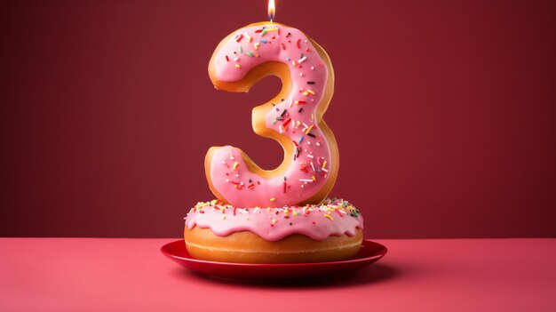 3 number donuts on a red background 3d number 3 birthday