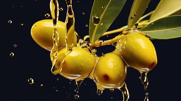 3 olive branch 1 olive oil drop follows from 1 olive no splashes no puddle of oil no background Gene