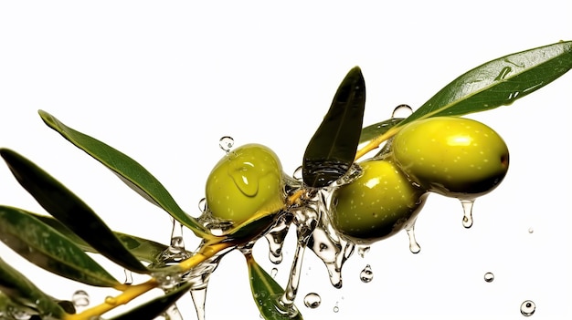 3 olive branch 1 olive oil drop follows from 1 olive no splashes no puddle of oil no background Gene