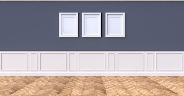 3 picture frames on dark blue wall 3D rendering