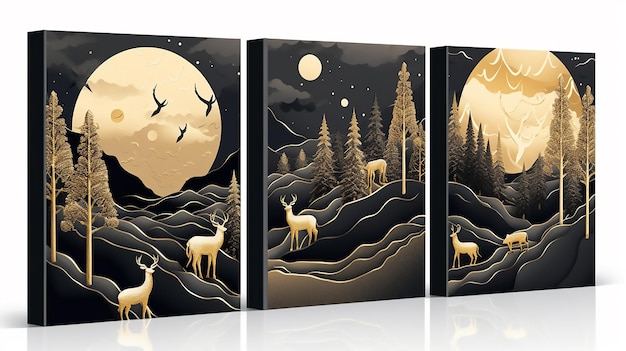 3 pieces wall frame canvas art Christmas trees deer