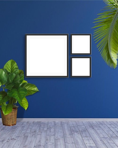 3 square format frame mockup on a blue wall with green leaf plants 3d rendering ilustration