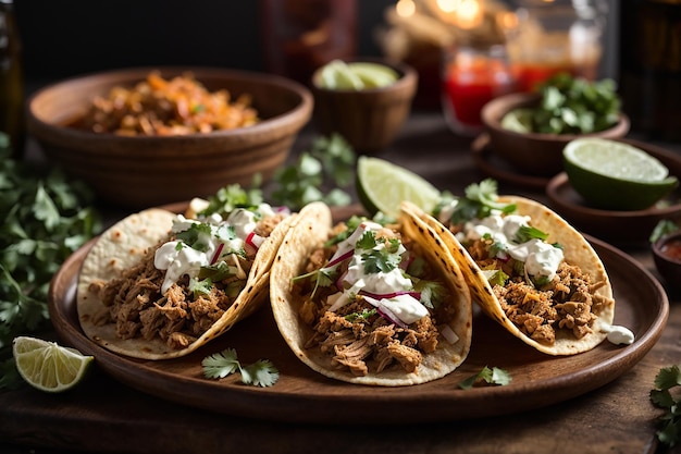 3 staged authentic mexican tacos each filled with succulent pulled chicken