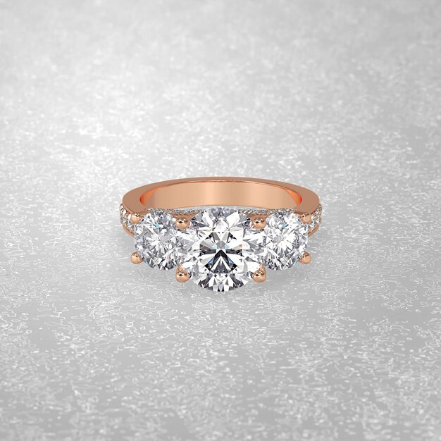 Photo 3 stone engagement ring laying down position in rose gold 3d render