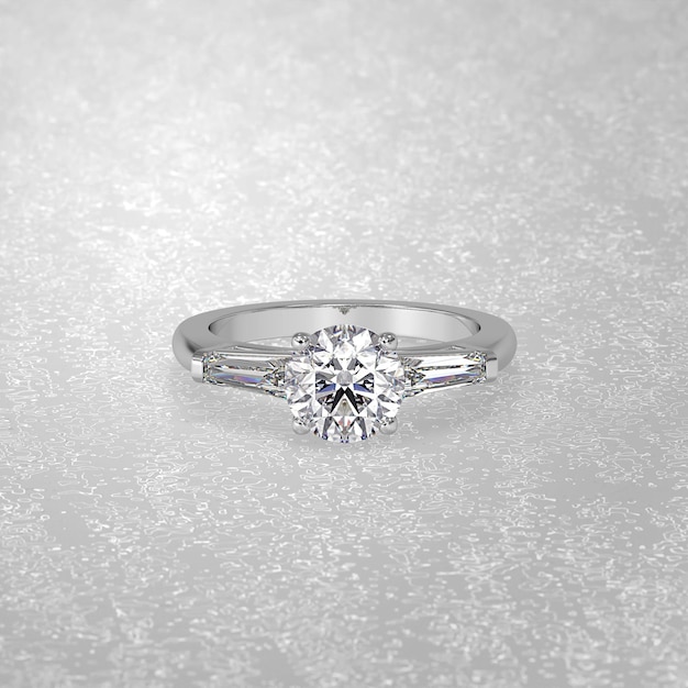 Foto anello di fidanzamento con 3 pietre che stabilisce la posizione in oro bianco rendering 3d
