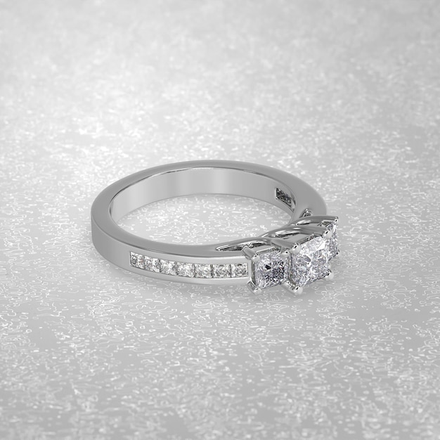 3 stone engagement ring laying down position in white gold 3d\
render