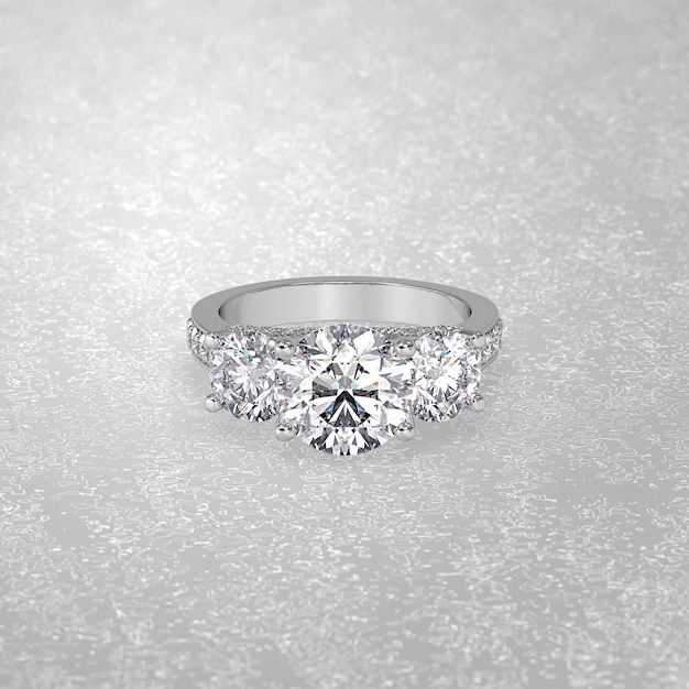 3 stone engagement ring laying down position in white gold 3d
render