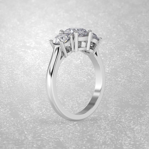 3 stone engagement ring standing position in white gold 3d
render