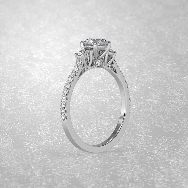 3 stone engagement ring standing position in white gold 3d\
render