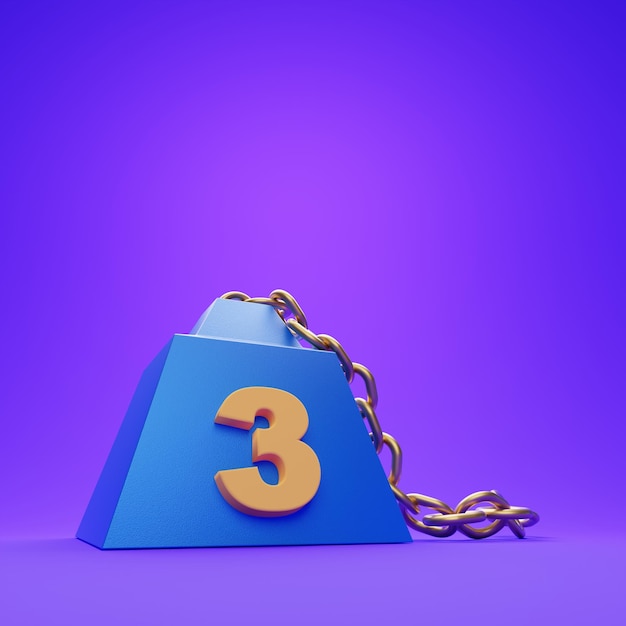 Фото Вес 3 тонны с золотой цепью на фиолетовом фоне 3d визуализация иллюстрации концепция скидки три процента
