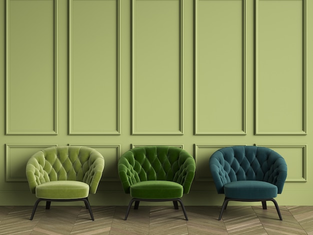 3 Tufted green armchairs in classic interior with copy space.Green walls with mouldings. Floor parquet herringbone