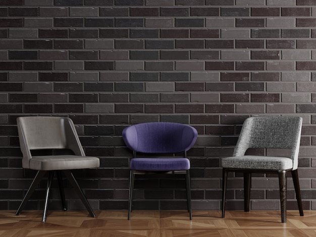 3 verschillende stoelen in moderne stijl die zich voor zwarte bakstenen muur bevinden met copyspace