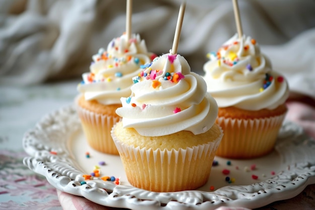 3 white cupcake mockups with stick toppers