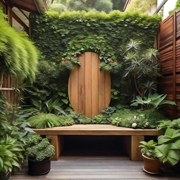 3 Wooden board surrounded by lush greenery in a garden AI