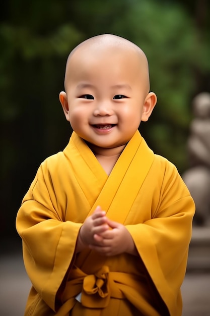 A 3 year old monk wearing a black and yellow