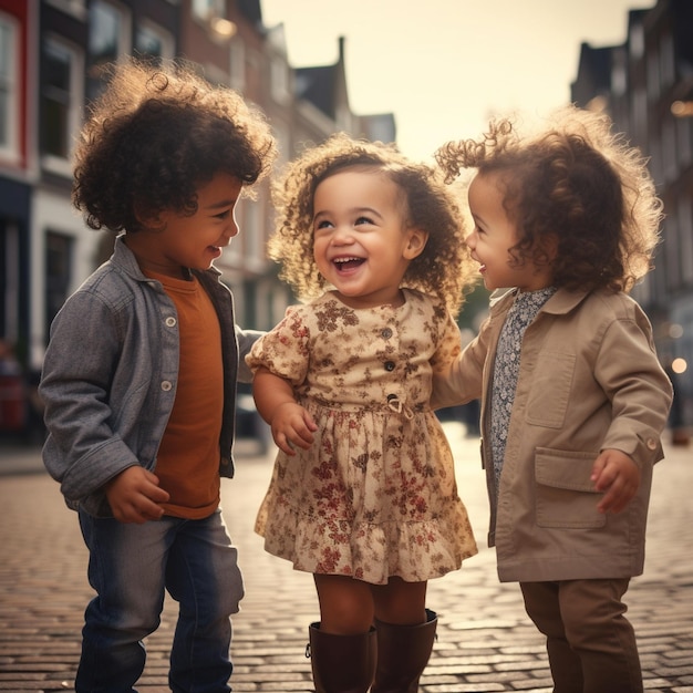 은 인종의 3 명의 어린 아기들이 춤을 추고 미소 짓고 서로를 바라보고 있습니다.