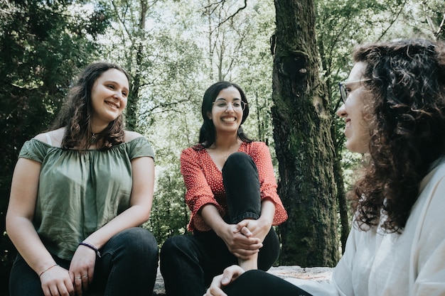 3 giovani donne che parlano tra loro nella foresta, frequentando un amico, concetto di cura e amicizia, amore, discussione