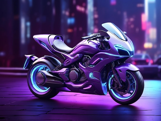 30 Futuristic Generic 3D motorcycle concept design with purple neon ambiance and blue city