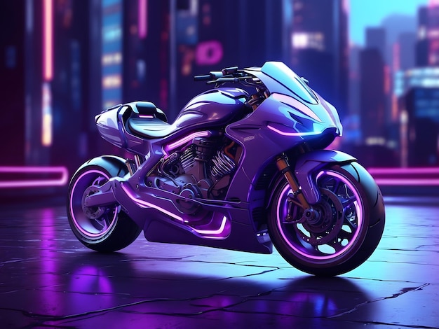 30 Futuristic Generic 3D motorcycle concept design with purple neon ambiance and blue city